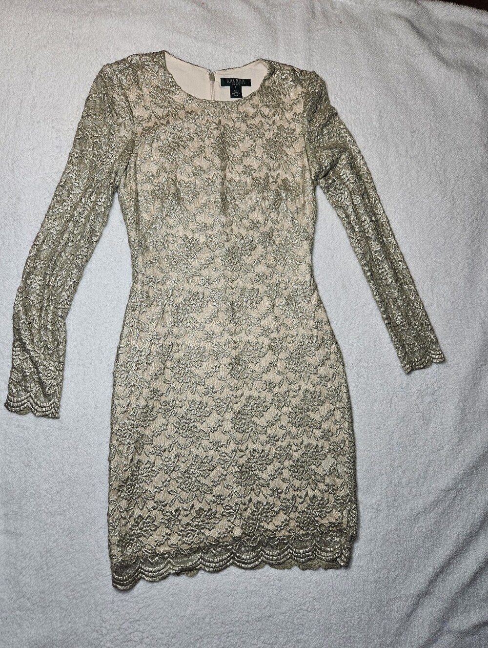 Lauren Ralph Lauren Cream and Gold Lace Long Sleeve Dress